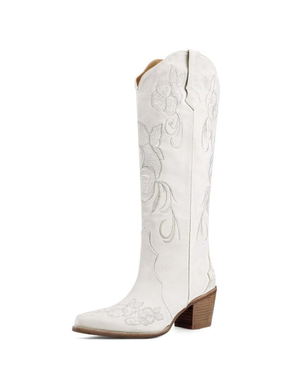 Women's White Knee High Cowgirl Western Boots Pointed Toe Chunky Block Heel